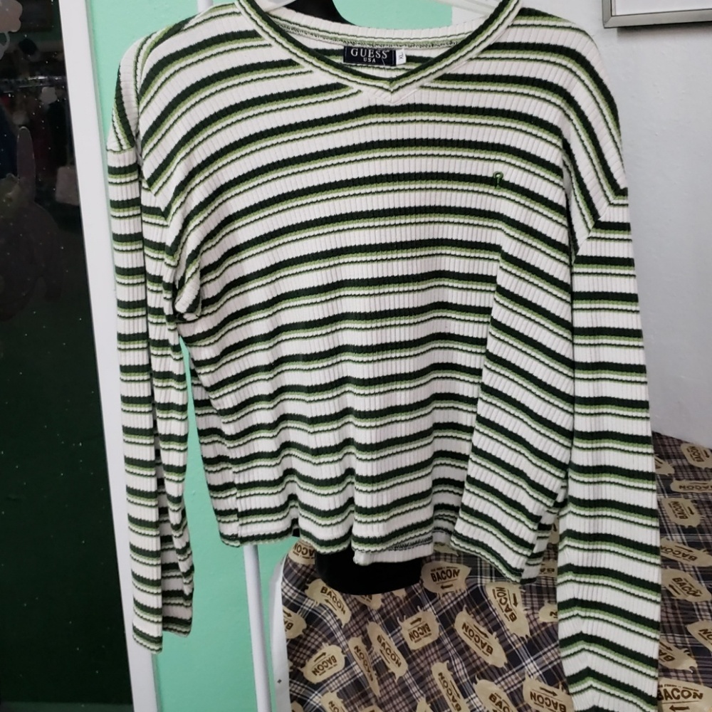 Guess extra large green and cream striped top - Picture 2 of 5